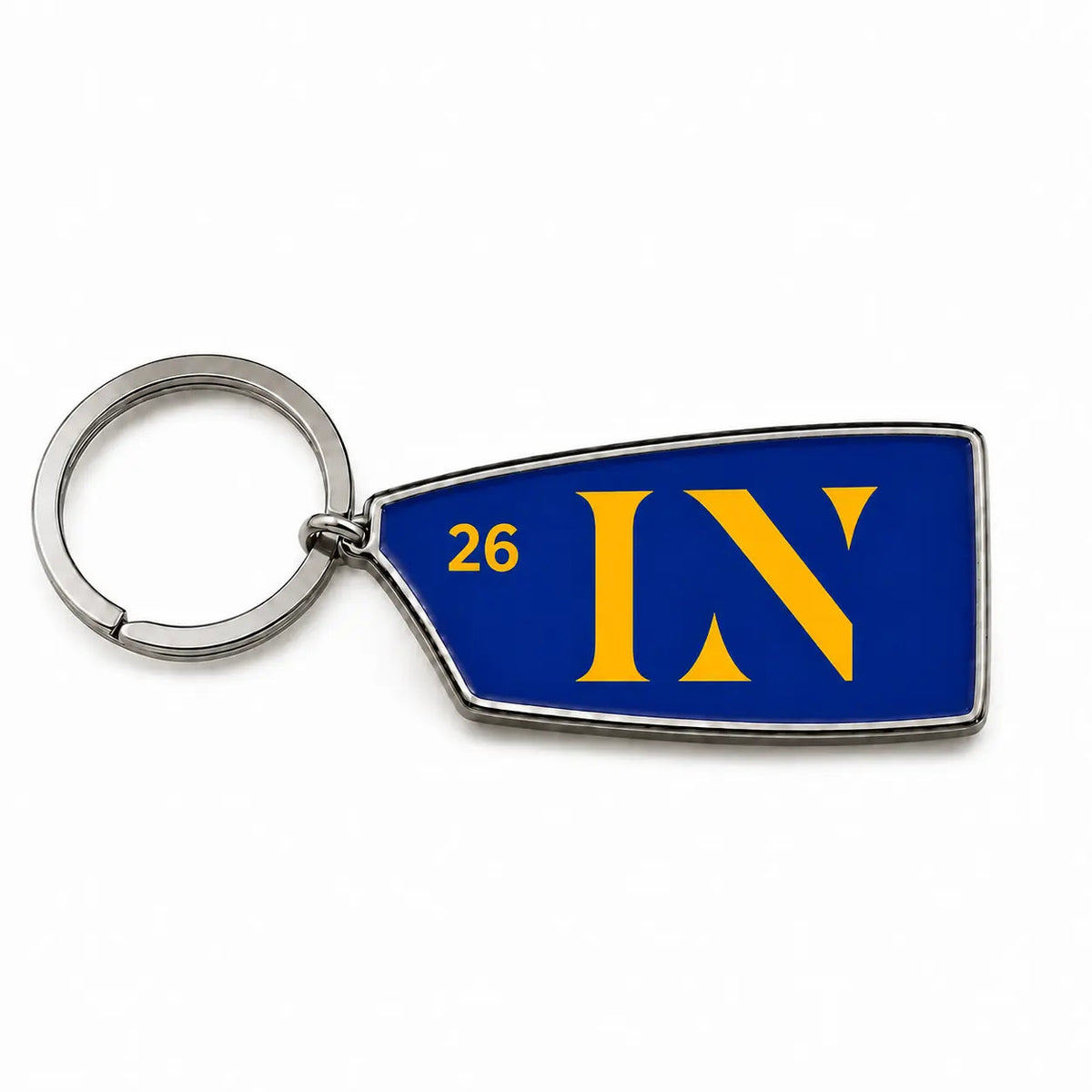 Custom rowing oar keyring in blue and gold with 2026 detail