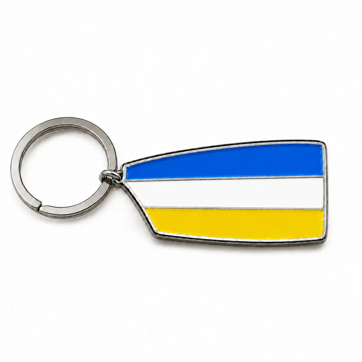 Custom rowing oar keyring in blue, white and yellow club colours